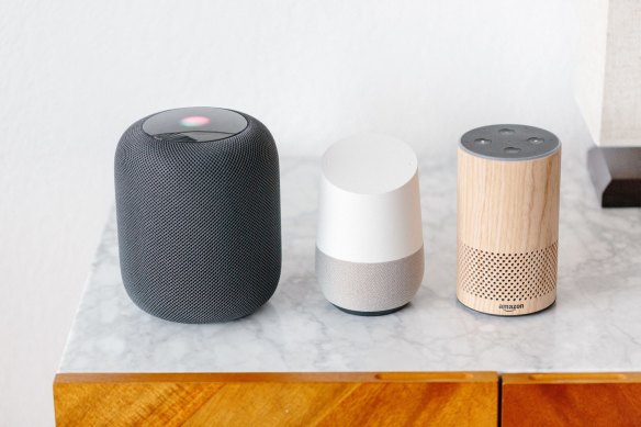 From left, the Apple HomePod, Google Home and Amazon’s Alexa.