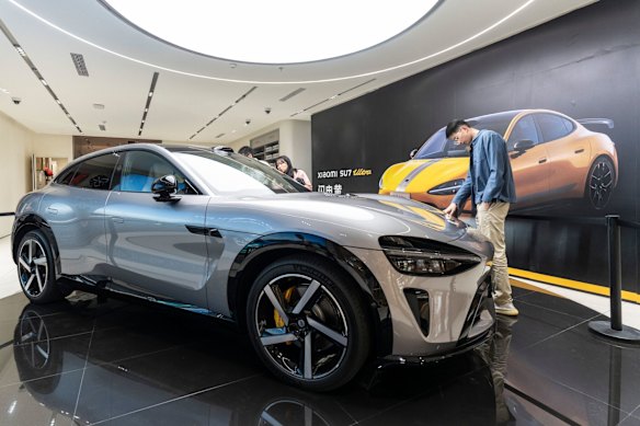 A Xiaomi YU7 electric SUV on display at a showroom in Shanghai.