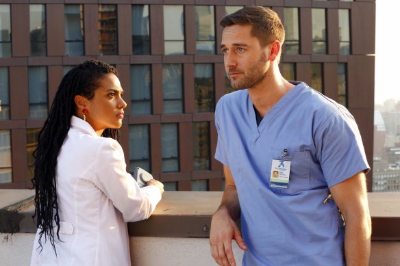 Freema Agyeman and Ryan Eggold in season 1 of New Amsterdam. 