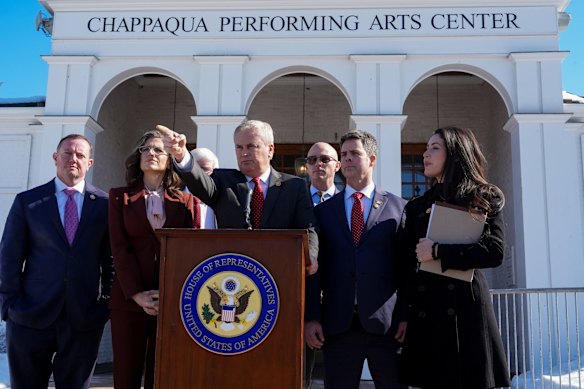 James Comer, joined by Republican members of the House oversight committee, ahead of Bill Clinton’s deposition.