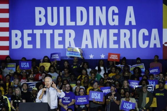 US President Joe Biden speaks at his final midterm campaign rally in Maryland.