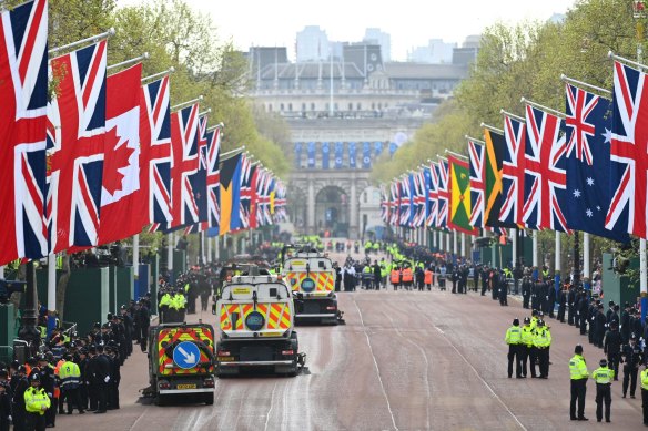 Metropolitan Police officers line the streets ahead of the coronation.