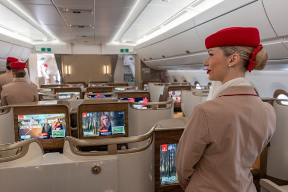 The business class cabin of an Emirates plane. 