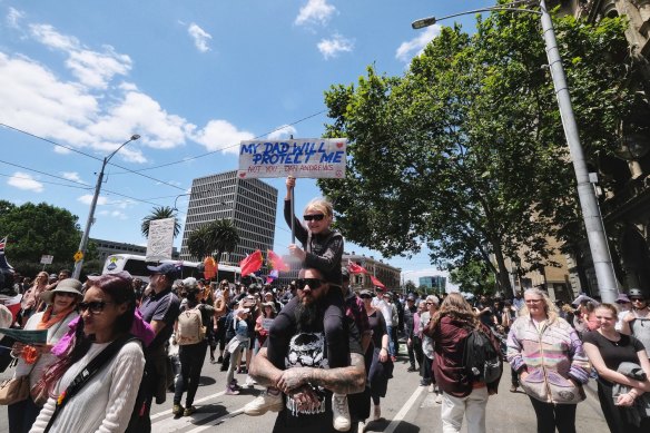 Pandemic bill protesters march on Saturday in Melbourne. 
