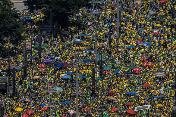 Supporters of Jair Bolsonaro, Brazil’s former president, march on Avenida Paulista in Sao Paulo on Sunday.