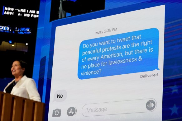 A text message between Stephanie Grisham, former White House press secretary, and former US first lady Melania Trump displayed during the Democratic Natio<em></em>nal Co<em></em>nvention in August.