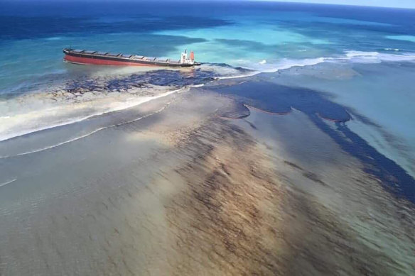 Oil leaking from the MV Wakashio, a bulk carrier ship that recently ran aground off the south-east coast of Mauritius.
