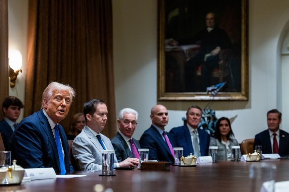 Donald Trump with senior officials, including national security adviser Mike Waltz (far right).