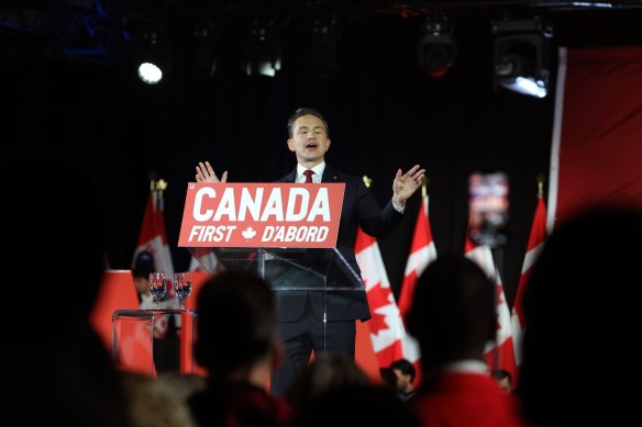 O líder do Partido Conservador Pierre Poilievre em uma manifestação do Canadá em Ottawa em 15 de fevereiro.