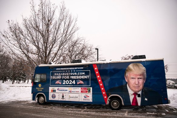 A campaign bus for Donald Trump in snowy Urbandale, Iowa.