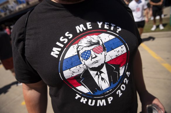 A shirt supporting former President Donald Trump during the Iowa State Fair in Des Moines.