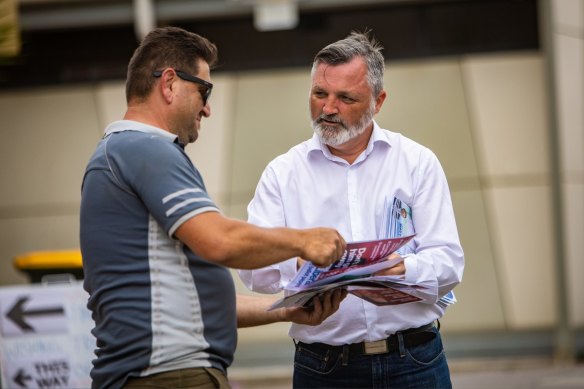 Graham Watt (right), the Liberal candidate for Melton, on Saturday.