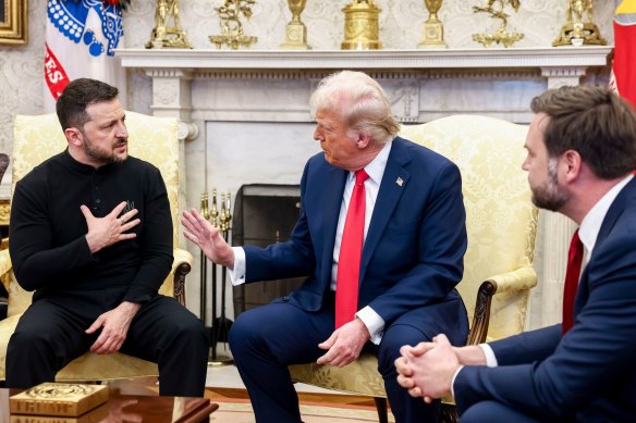 Ukrainian President Volodymyr Zelensky, US President Donald Trump and Vice President J.D. Vance during their explosive meeting in the Oval Office.