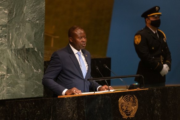 Paul Henri Sandaogo Damiba, Burkina Faso’s ousted president, at the United Nations General Assembly in New York on September 23.