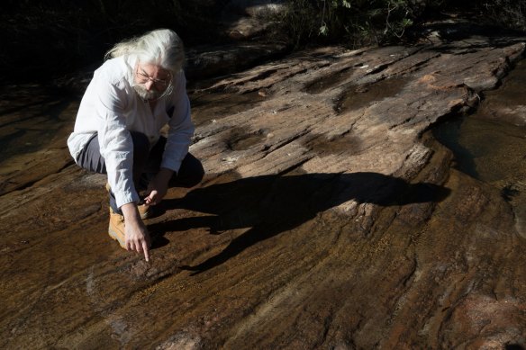 Peter Turner, from the National Parks Association of NSW, points at a crack in the rocks in the Eastern Tributary, in the Woronora catchment area, south of Sydney. New mining has been approved that will go under the reservoir.