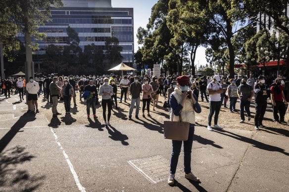 People line up at the Sydney Olympic Park vaccination hub.