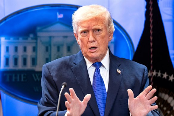 Donald Trump speaks to reporters after the Supreme Court struck down the bulk of his sweeping global tariffs, delivering a major blow against his signature economic policy. 