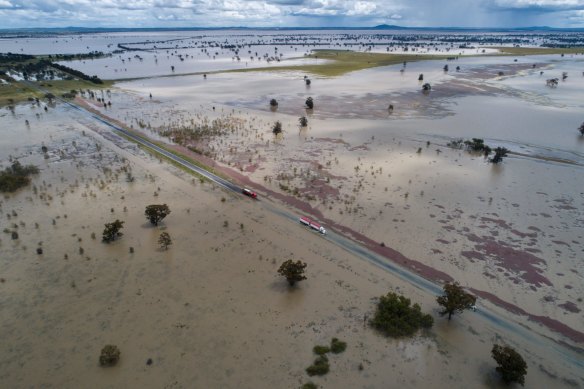 Controlled traffic crawls through widespread Lachlan River floodwaters south-west of Forbes
 