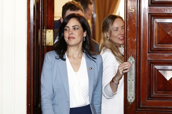 Victorian Liberal MP Moira Deeming exits the party room after avoiding a push for her expulsion on March 27.