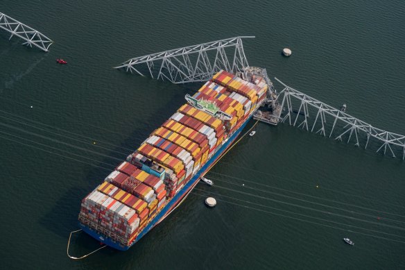 The Dali container vessel after striking the Francis Scott Key Bridge.