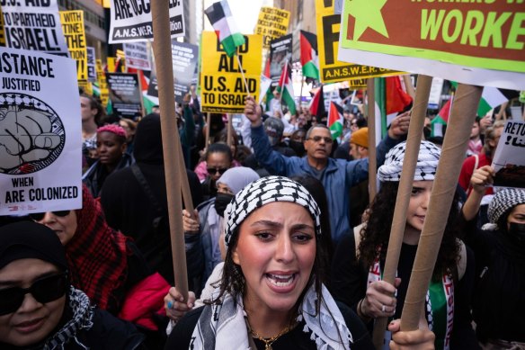 Pro-Palestinian demonstrators during an “All Out For Palestine” protest in Times Square in New York on Friday.