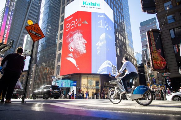 A billboard for Kalshi showing 2024 US presidential election odds.