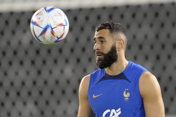 Karim Benzema at a French training session before injury ruled him out.