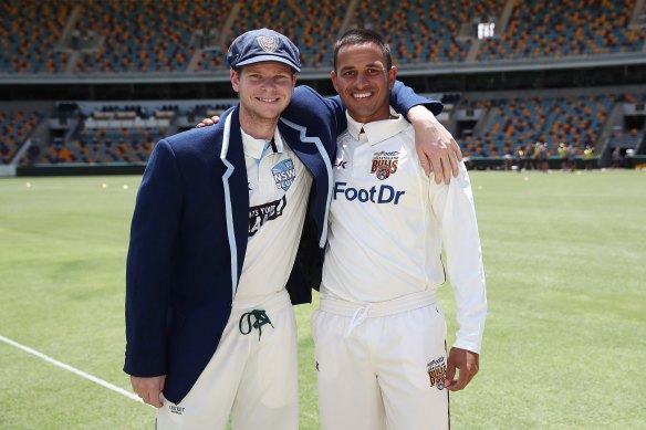 Usman Khawaja with Steve Smith in 2016.