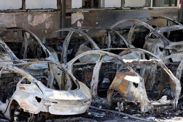 Destroyed Teslas after a fire at a company’s dealership in Rome, Italy, on Monday.