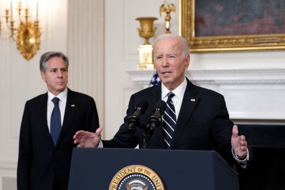 US President Joe Biden speaks about the Hamas attack on Israel at the weekend. Secretary of State Anthony Blinken is seen in the background.