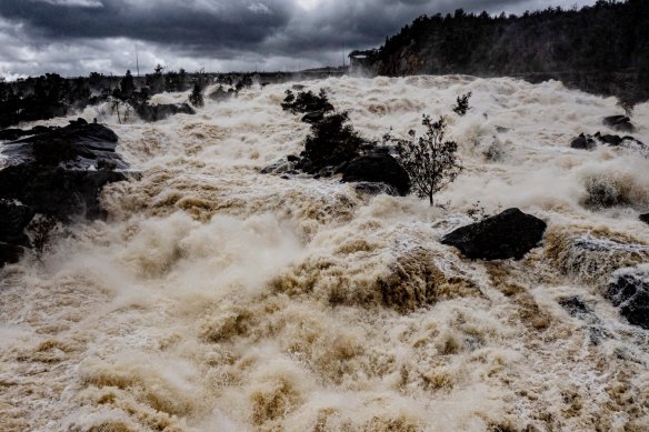 Wyangala Dam water release exploding downstream into the Lachlan River.
 