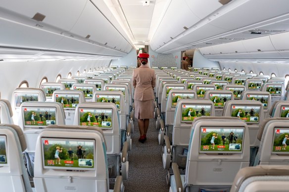 Economy class entertainment screens aboard an Airbus A350.