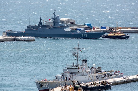 The 62-year-old IRIS Naghdi, seen in the foreground, took part in joint exercises with Russia and China in South Africa at the start of this year.