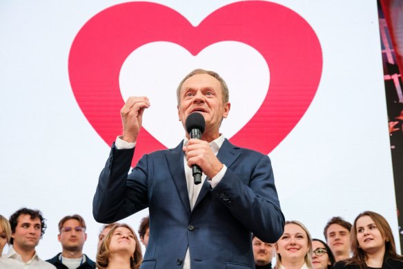 Donald Tusk, former president of the European Union (EU) and leader of the Civic Coalition, speaks during an election night rally at the party headquarters in Warsaw, Poland.