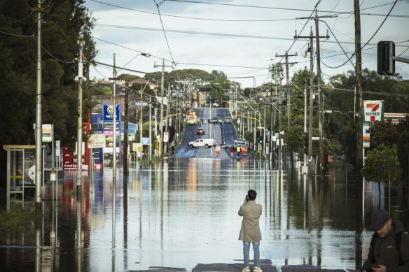 Flooded streets in Melbourne’s west after the banks of the Maribyrnong River burst.