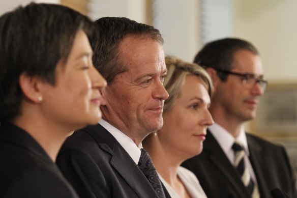 Power plays: In 2013, Bill Shorten (second from left) was Opposition leader, his deputy was Tanya Plibersek (third from left). Leader of the Opposition in the Senate was, and still is, Senator Penny Wong (left) and her deputy at the time was Senator Stephen Conroy.