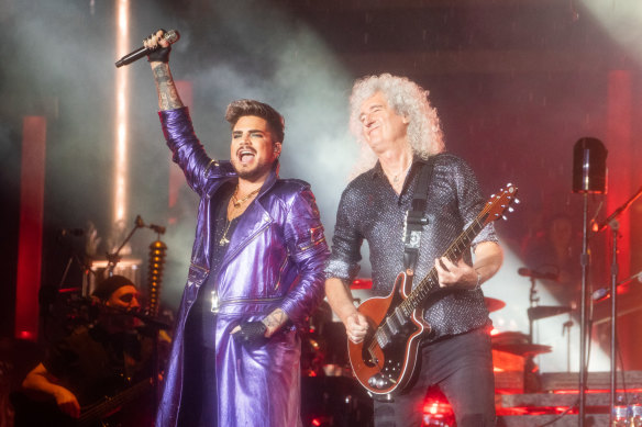 Rock icons Queen, with Adam Lambert filling in for Freddie Mercury.