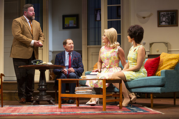 Shane Jacobson (Oscar) and Todd McKenney (Felix) with Gwendolyn (Lucy Durack) and Cecily (Penny McNamee, far right).