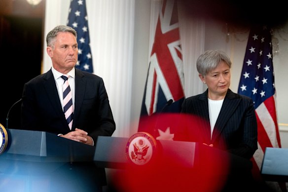Defence Minister Richard Marles and Minister for Foreign Affairs Penny Wong at a news conference at the US Department of State in Washington, DC. 