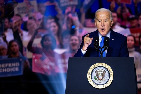 US President Joe Biden at a reproductive freedom campaign rally at George Mason University in Manassas, Virginia during the New Hampshire primary.