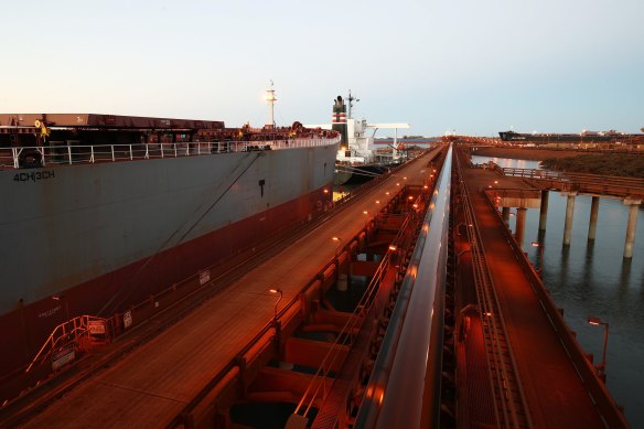 A bulk carrier anchored in Port Hedland.