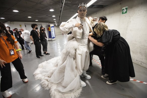Sheldon Riley’s team apply the finishing touches ahead of his Eurovision semi-final appearance.