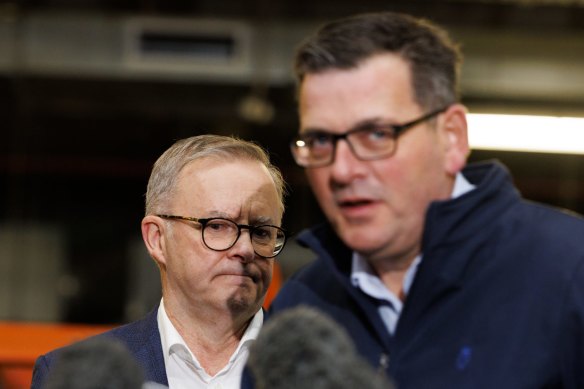 Opposition Leader Anthony Albanese, left, and Premier of Victoria Daniel Andrews speaking to the media. 