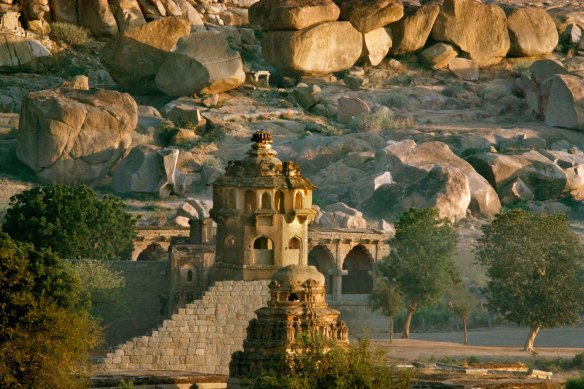 A watchtower over the zenana, or women’s quarters, in the ruins of the 14th-century city of Vijayanagara.
