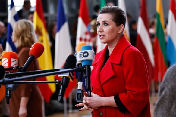Danish Prime Minister Mette Frederiksen before crisis talks in Brussels, Belgium, on Thursday.