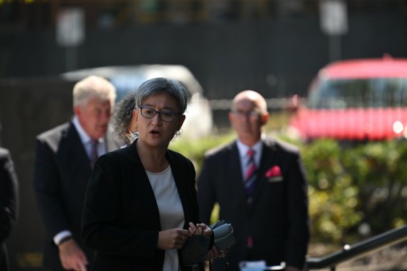 Senator Penny Wong at Kimberley Kitching’s funeral on Monday.