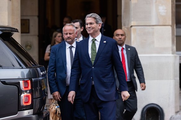 US Treasury Secretary Scott Bessent leaves trade talks with China at Lancaster House in London on Monday. Investors are betting on a good outcome of the meetings.