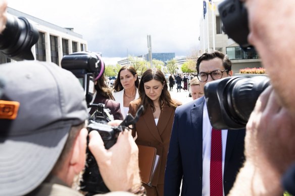 Brittany Higgins leaves the ACT Supreme Court after the rape trial of Bruce Lehrmann was aborted due to juror misconduct.