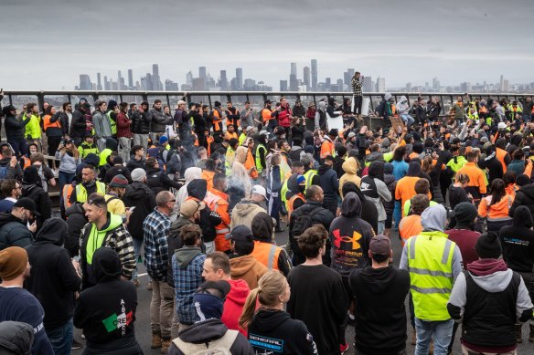 Protesters gather on West Gate Bridge on Tuesday.