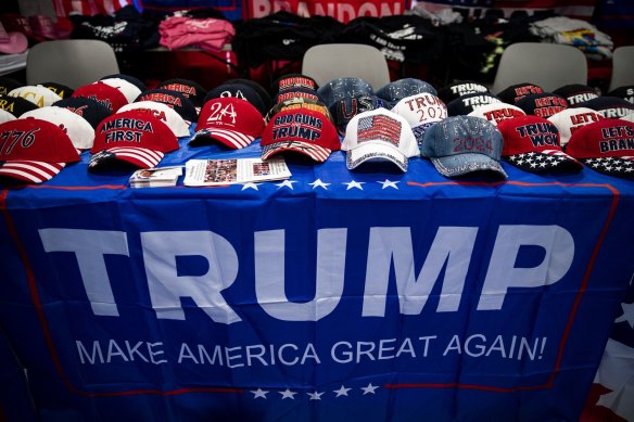 Hats supporting former US President Donald Trump for sale at the Conservative Political Action Conference.
